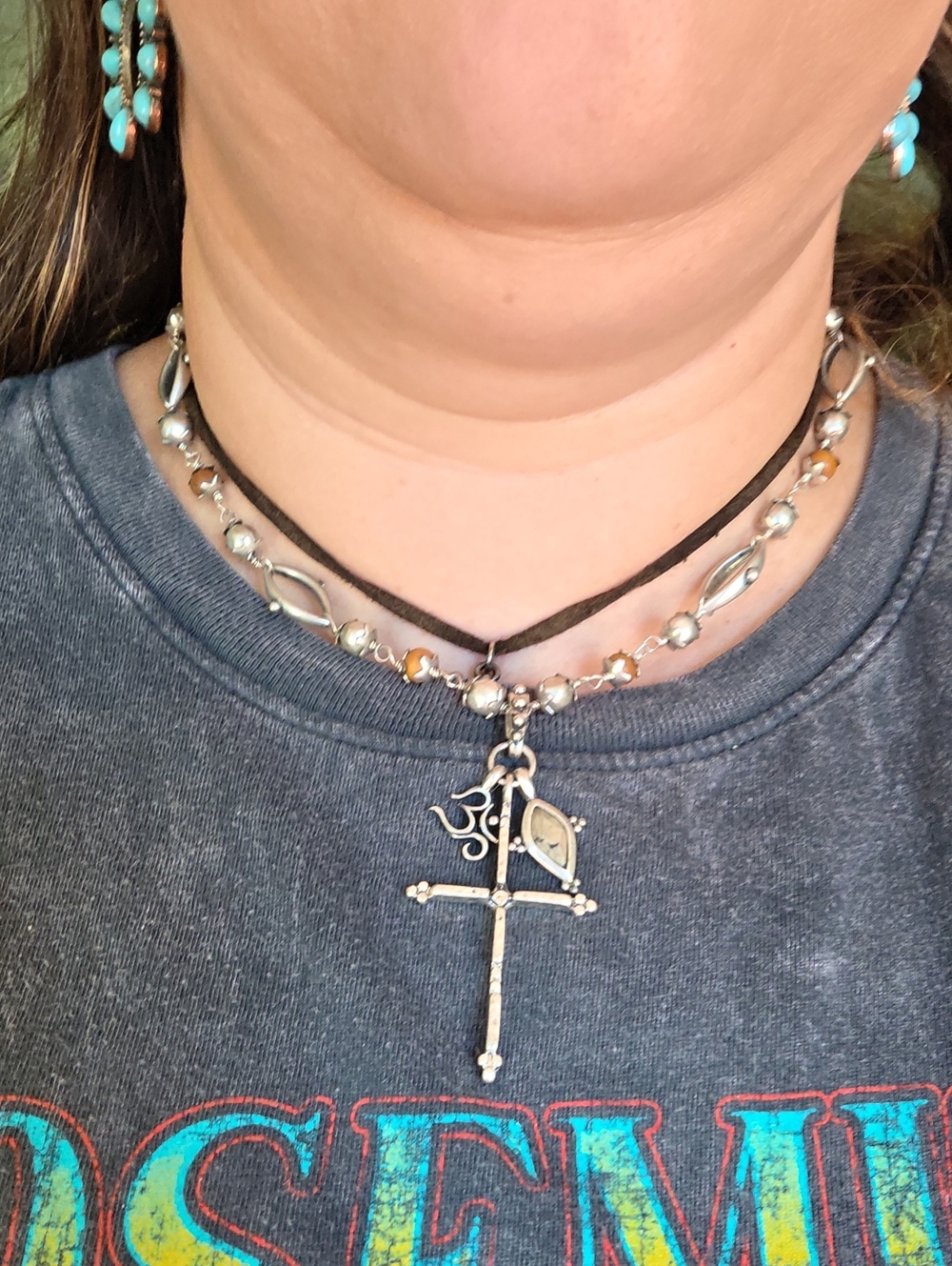Lucky Brand Boho Silver Tone Cross & Multi-Charm Rosary Toggle Necklace